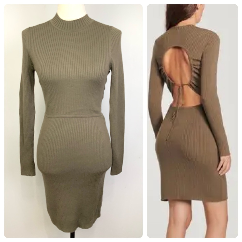 SANDRO Sz 38/6 Olive Green Ribbed Wool Blend Open Back Mock Neck Bodycon Dress